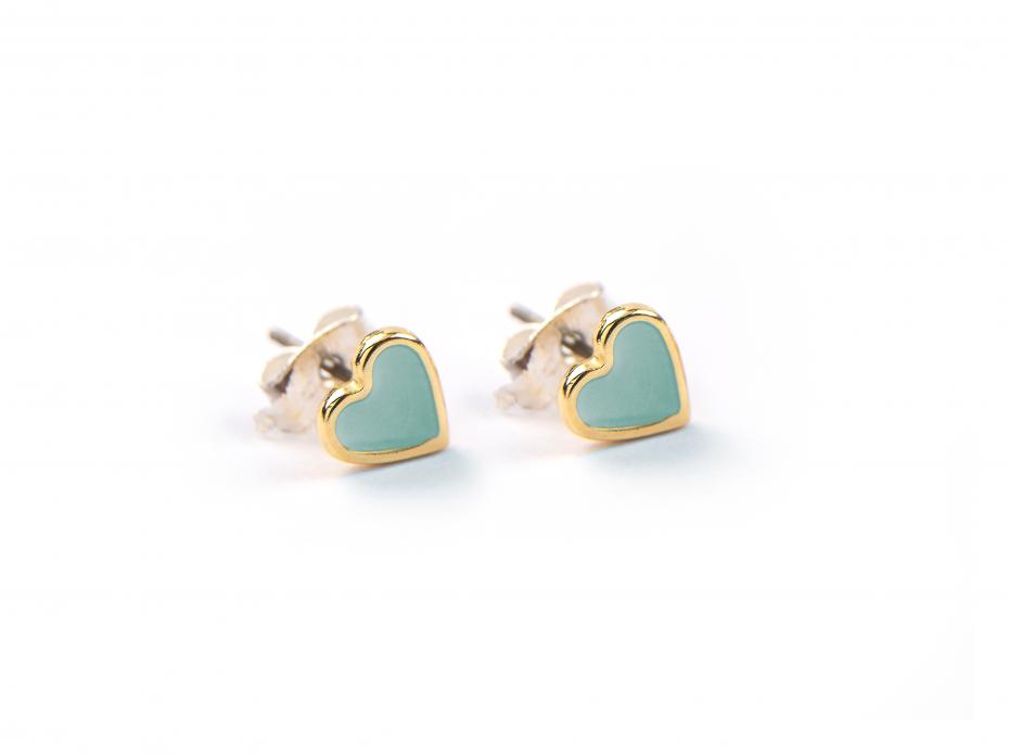 Aqua Enamel Heart Gold Stud Earrings