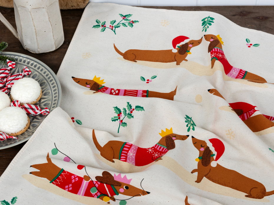 Festive Sausage Dog - cotton tea towel