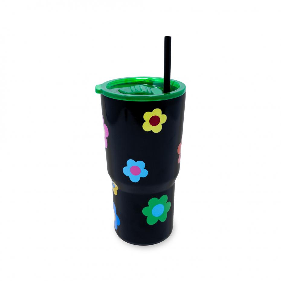 Stainless Steel Tumbler with Straw - Gingham Daisy