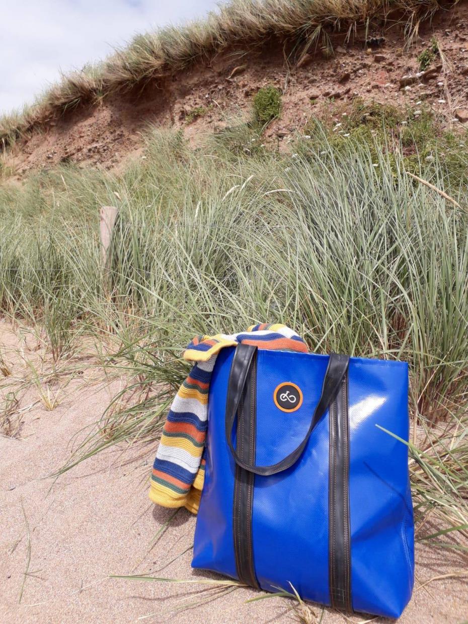 Recycled Lorry Curtain & Inner Tube 'Martha' Tote bag on the beach