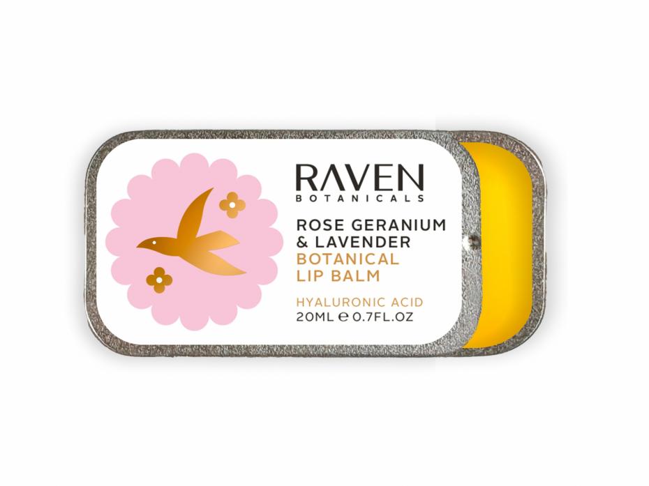 Indulgent Rose Geranium and Scottish Lavender Botanical Lip Balm. Eco-luxury in a plastic-free tin.