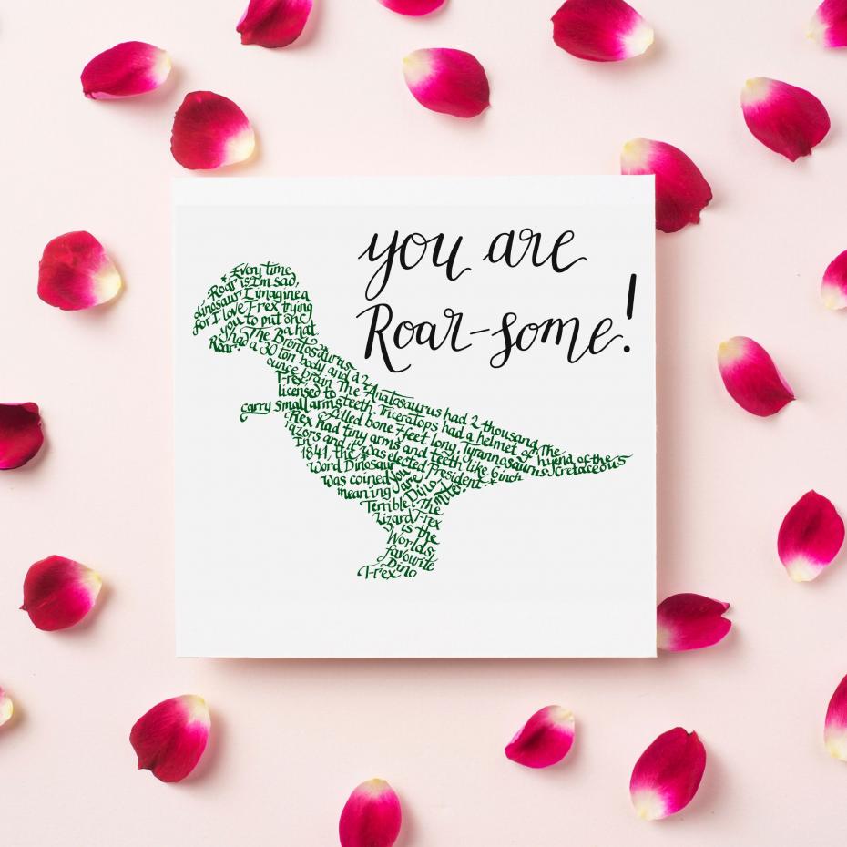 A T-rex made of T-rex quotes, jokes and facts - the perfect card for any dino loving pal!