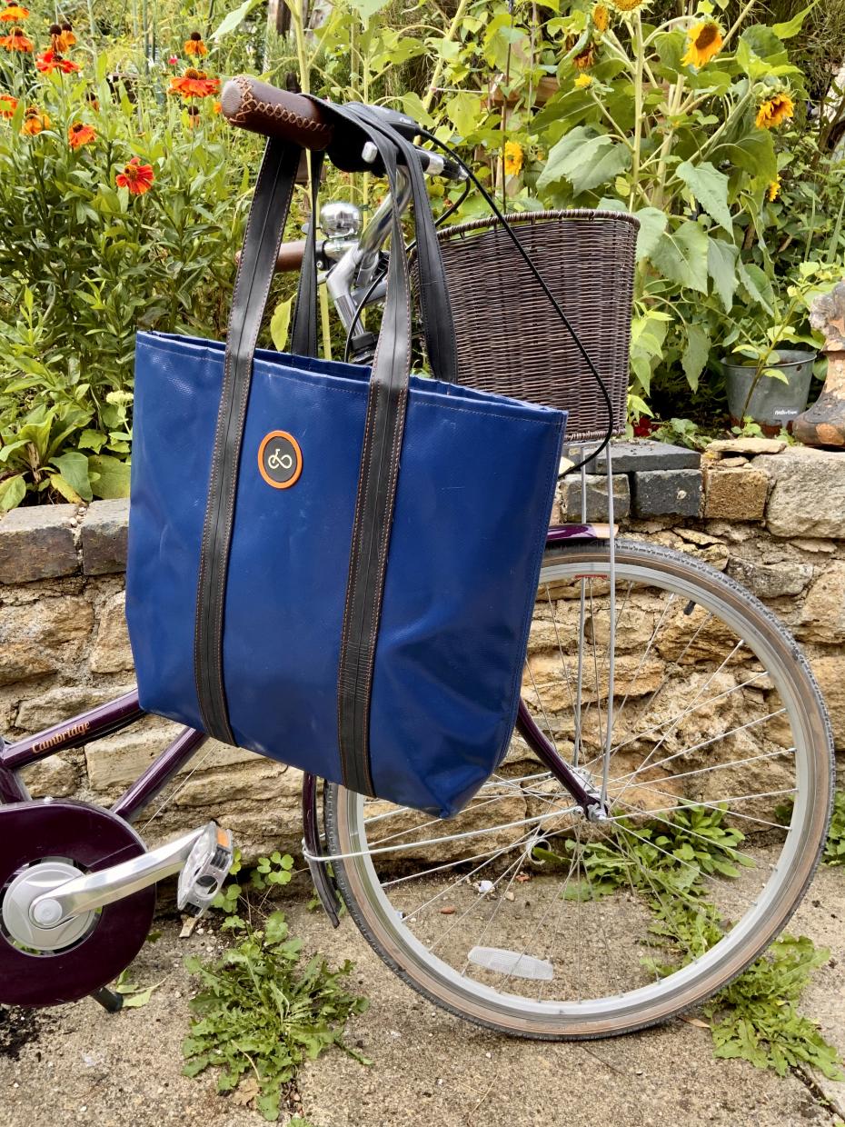 Recycled Lorry Curtain & Inner Tube 'Martha' Tote bag out on a bike