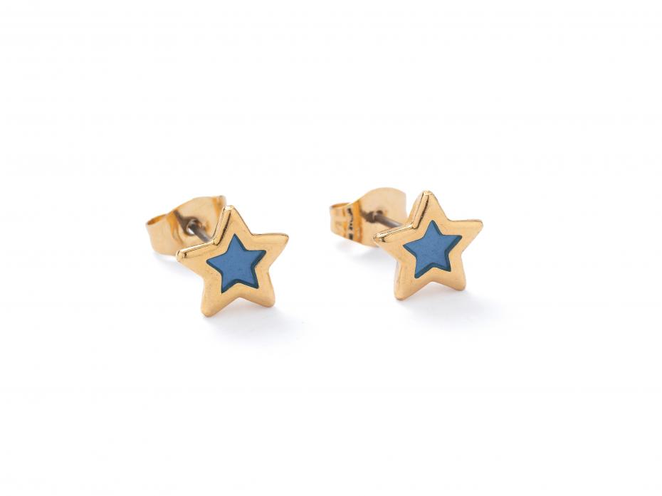 Steel Blue Translucent Gold Star Stud Earrings