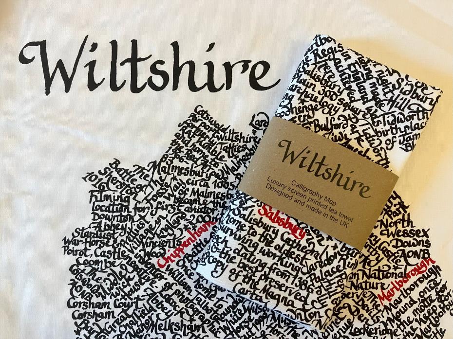 Wiltshire Calligraphy County map tea towel