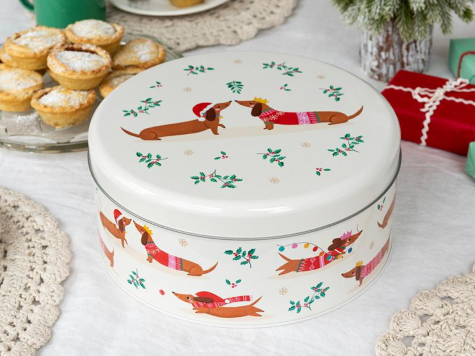 Festive Sausage Dog - cake storage tin