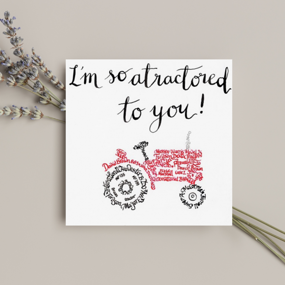 A vintage tractore made entirely of the names of vintage tractors - the perfect card for anyone who loves tractors!