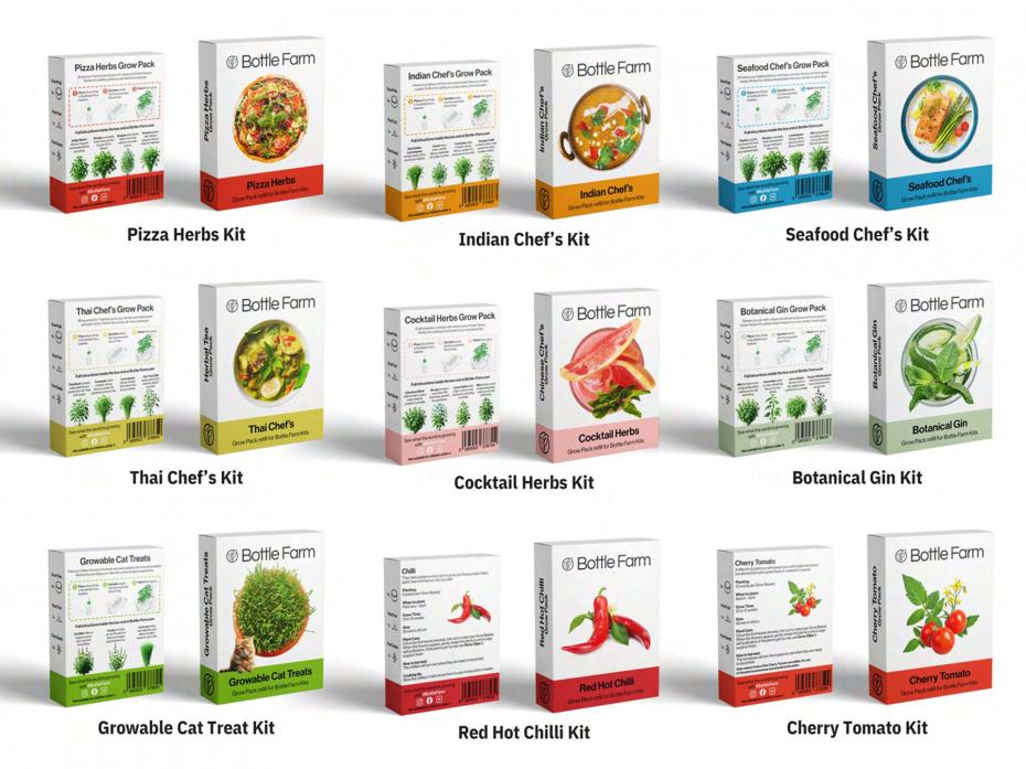 9 of the 13+ different themed variety packs available. Each containing 3-4 different herbs & vegetables - as well as everything needed to grow them!