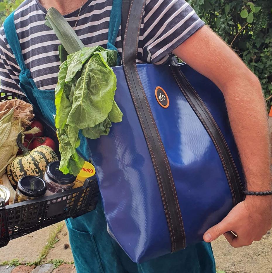 Recycled Lorry Curtain & Inner Tube 'Martha' Tote bag at the allotment