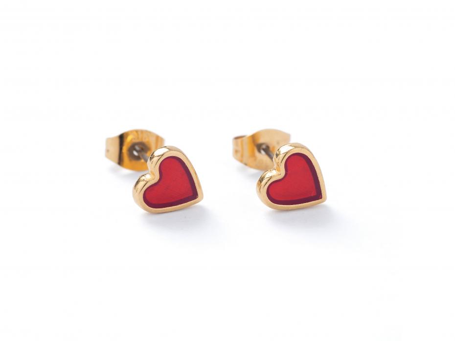 Red Translucent Gold Heart Stud Earrings