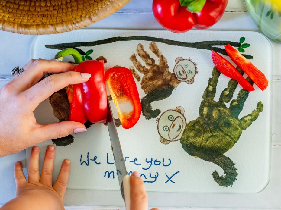 Dinky Artist glass chopping board with personalised hand prints