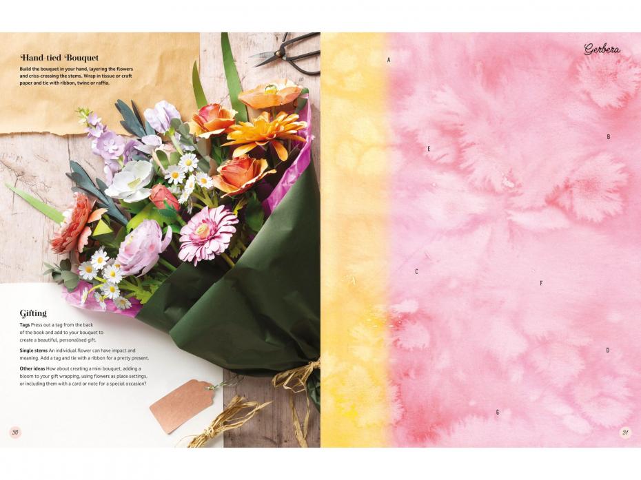 Page spread to show gifting ideas on the left and one of the die cut printed pages on the right, which makes a Gerbena flower when assembled.