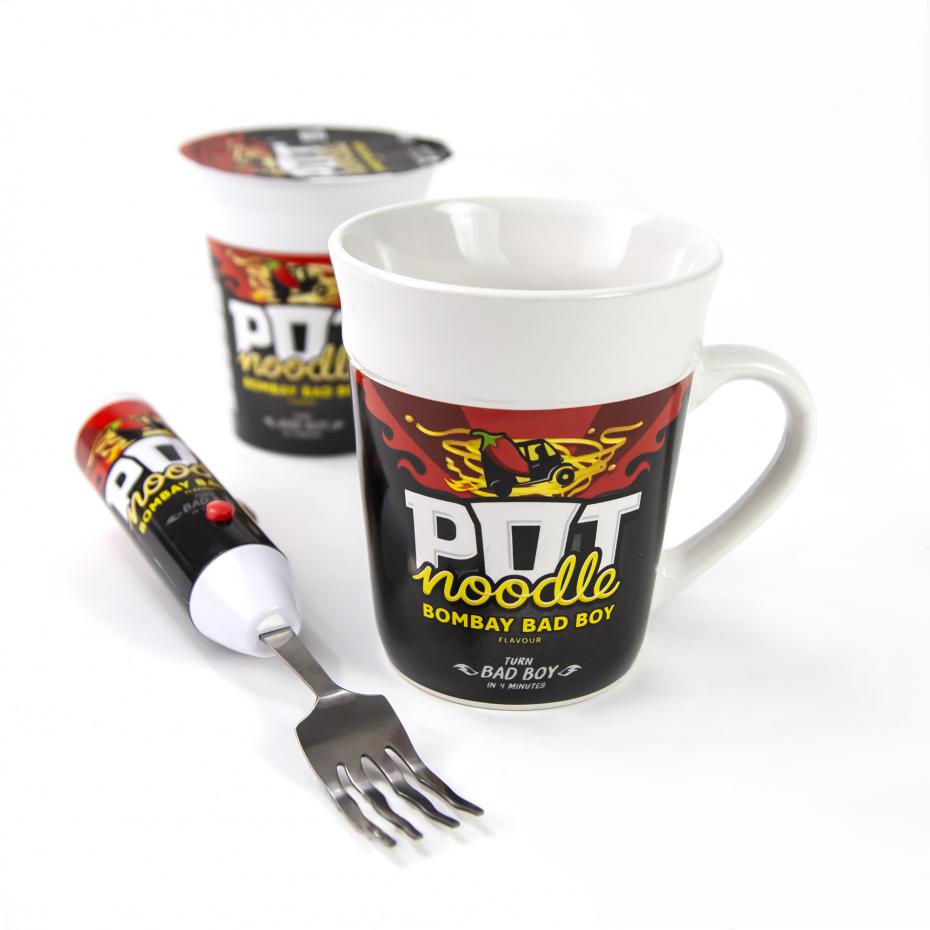 Pot Noodle ceramic mug, Fork, and pot