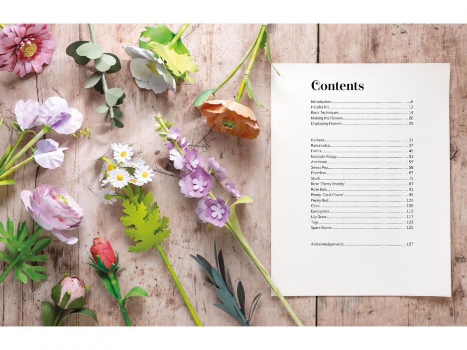 Contents page of the book which details the flowers you can press out and make from within.