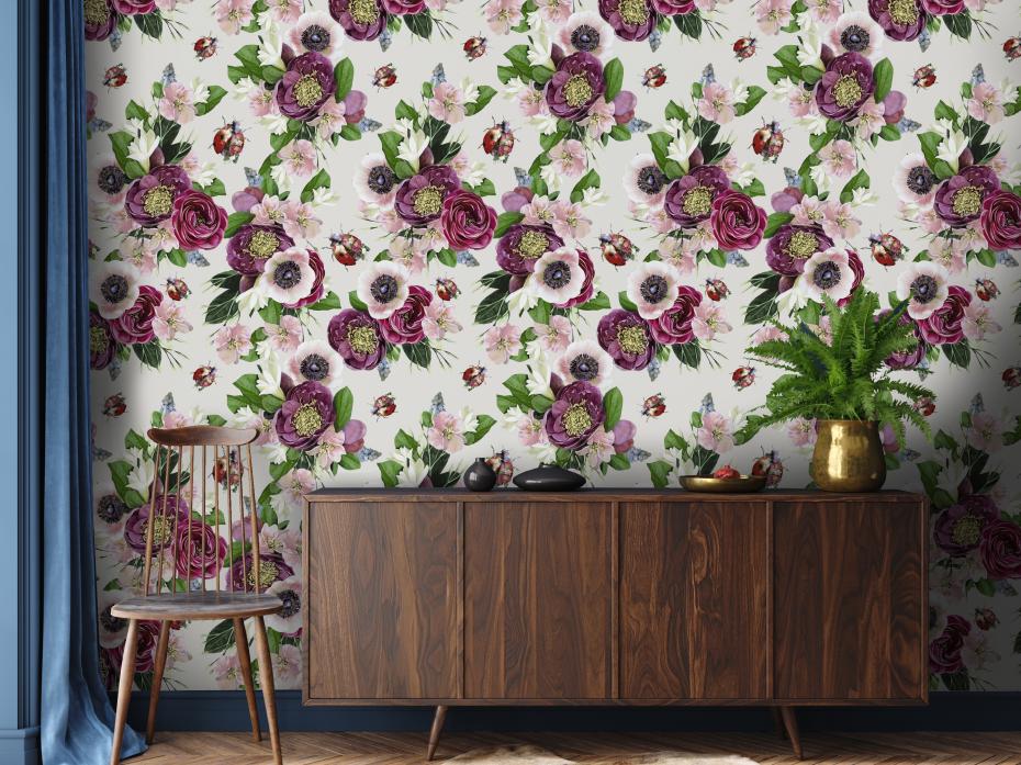 Wildlife botanical ladybird wallpaper in  stone