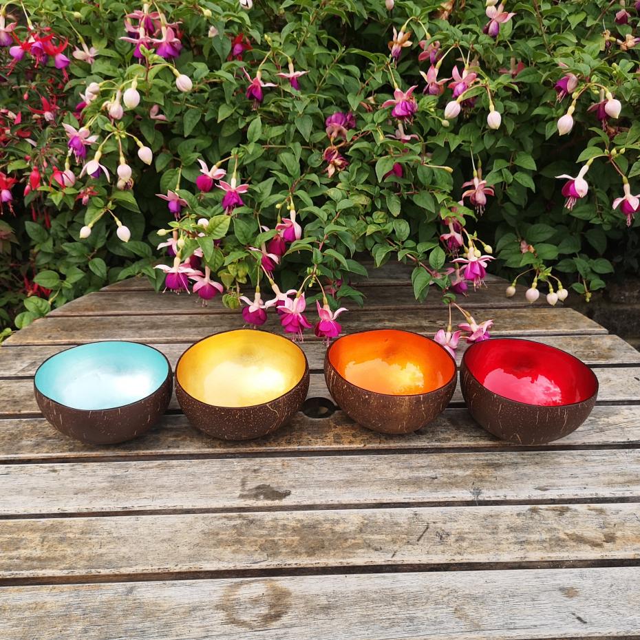 Range of silver leaf, coloured lacquered bowls