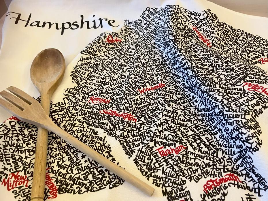 Hamphsire calligraphy county map tea towel