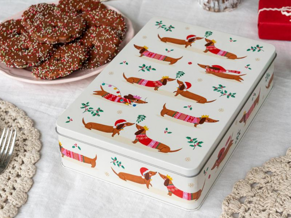 Festive Sausage Dog - mince pie storage tin