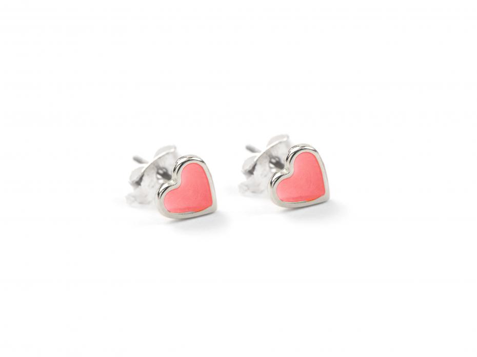 Coral Enamel Heart Gold Stud Earrings