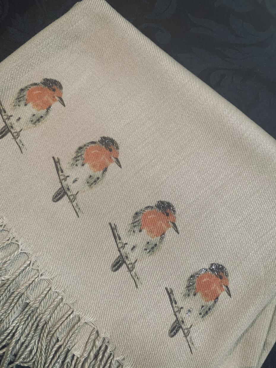 Sparkly Robins on beige Cashmere Blend Scarves