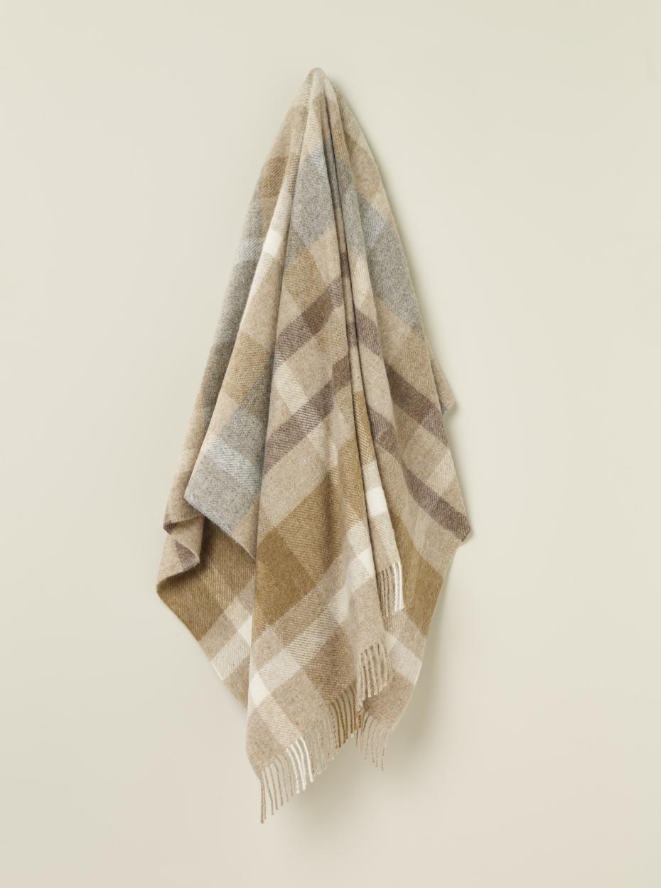 Bronte by Moon British Wool Contemporary Check luxury throw  in shade Natural