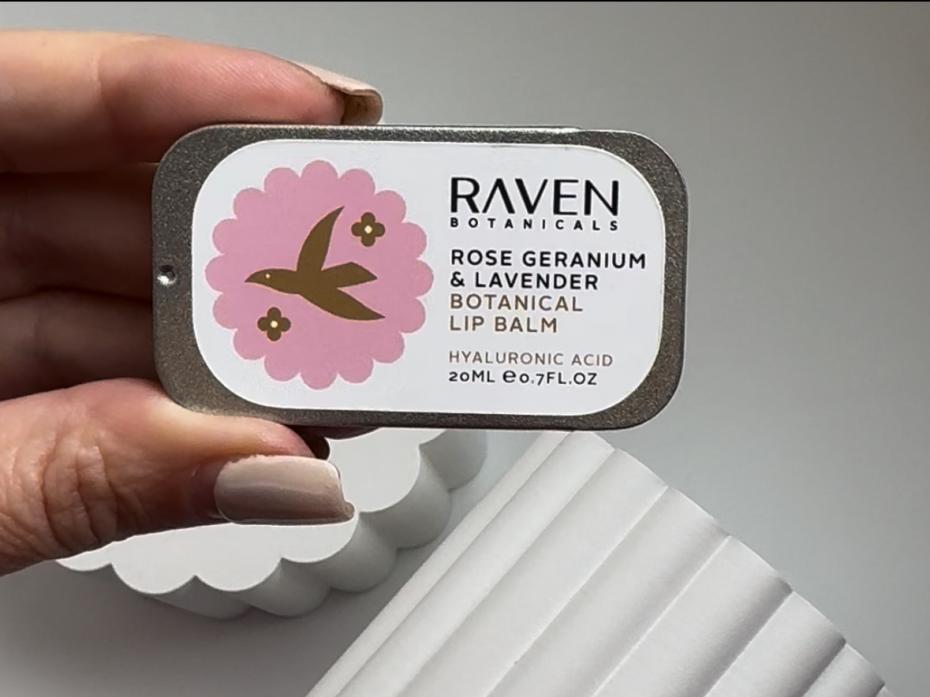 Indulgent Rose Geranium and Scottish Lavender Botanical Lip Balm. Eco-luxury in a plastic-free tin.