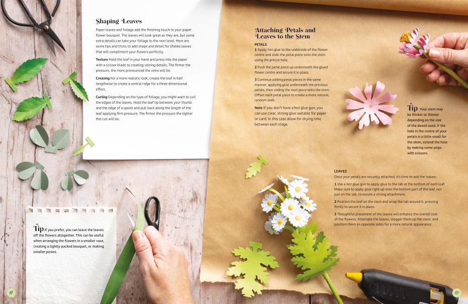 Shaping the paper leaves and assembling the flowers onto the stem