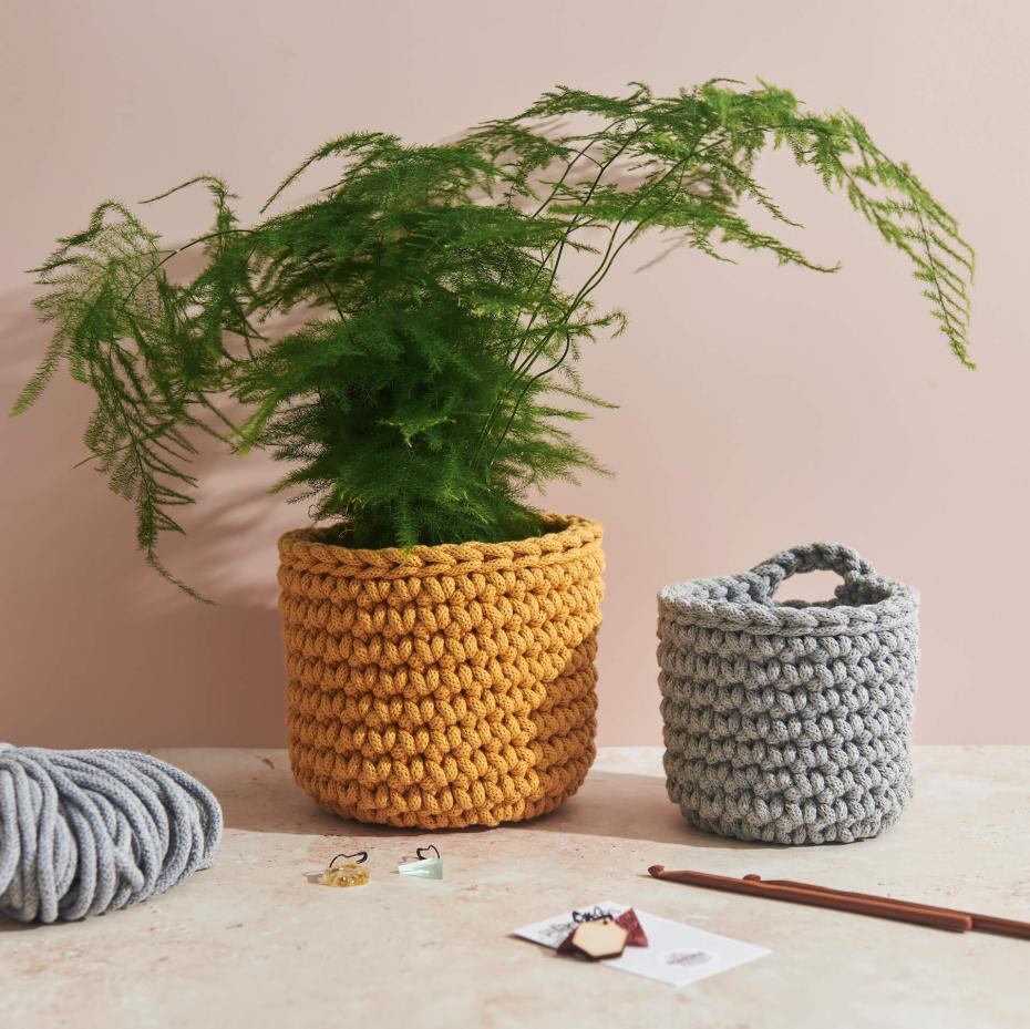 Crochet Basket Duo Kit Mustard and Light Grey